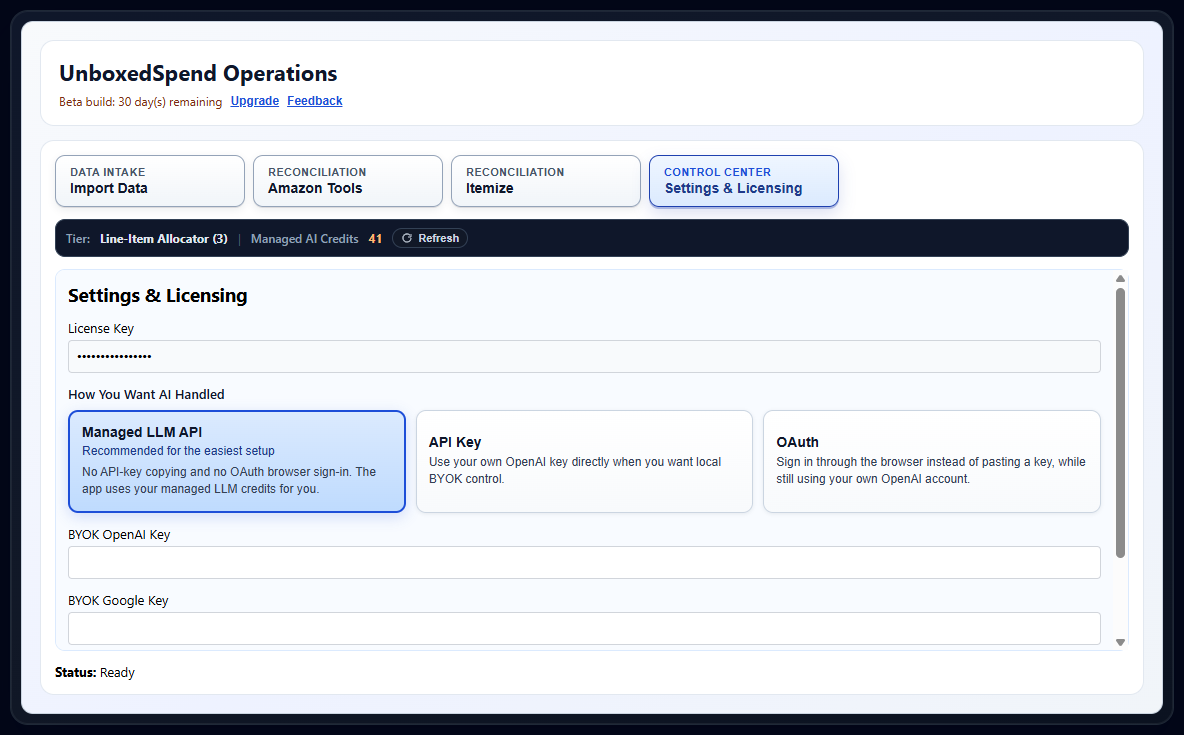 UnboxedSpend Desktop App Settings and Licensing