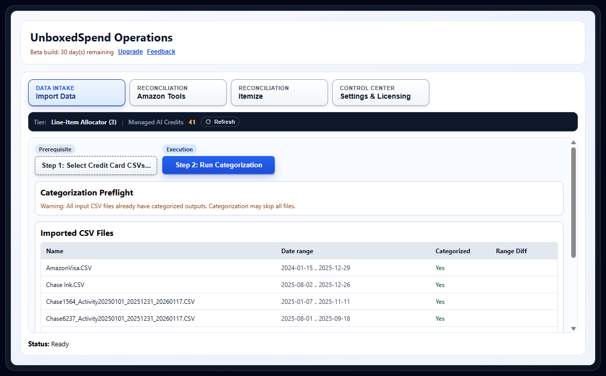 UnboxedSpend Desktop App Import Data and Process